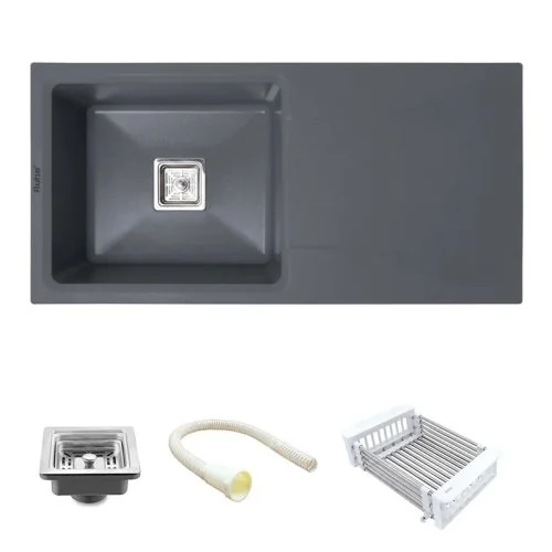 Ruhe Quartz Single Bowl with Drainboard Kitchen Sink (36 x 18 x 9 Inches) - Smoke Grey