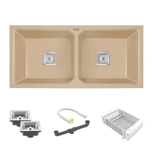 Ruhe Quartz Double Bowl Kitchen Sink (37 x 18 x 9 Inches) - Sand Choco