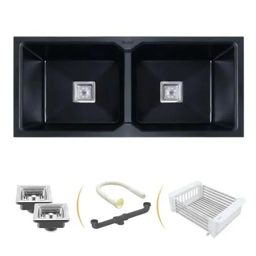 Ruhe Quartz Double Bowl Kitchen Sink (45 x 20 x 9 inches) - Black