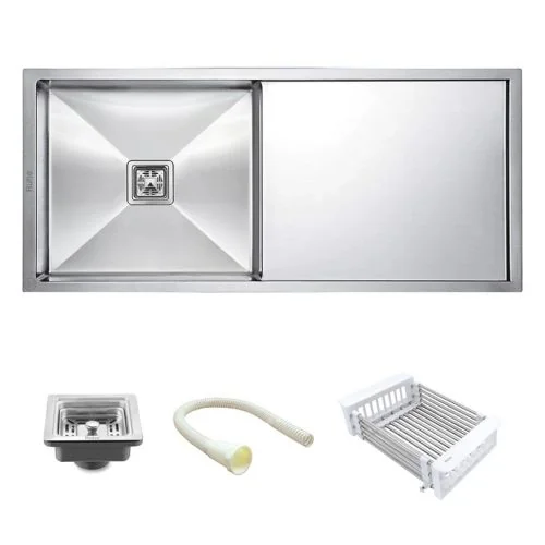 Ruhe Handmade Single Bowl with Drainboard Kitchen Sink (45 x 20 x 10 Inches) - Silver