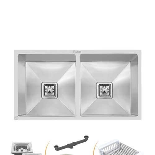 Ruhe Handmade Double Bowl Kitchen Sink (32 x 18 x 10 Inches) SS 304