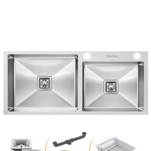 Ruhe Handmade Double Bowl with Tap Hole Kitchen Sink (45 x 20 x 10 Inches) SS 304