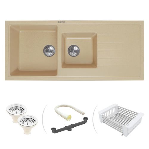 Ruhe Quartz Double Bowl with Drainboard Kitchen Sink (45 x 20 x 9 inches) Sand Choco
