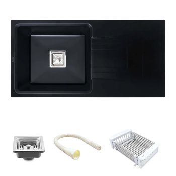 Ruhe Quartz Single Bowl with Drainboard Kitchen Sink (36 x 18 x 9 Inches) - Black