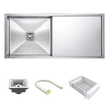Ruhe Handmade Single Bowl with Drainboard Kitchen Sink (37 x 18 x 10 Inches) - Silver