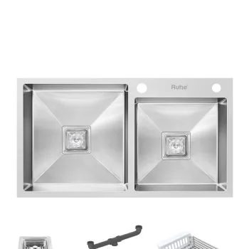 Ruhe Handmade Double Bowl with Tap Hole Kitchen Sink (32 x 18 x 10 Inches) SS 304