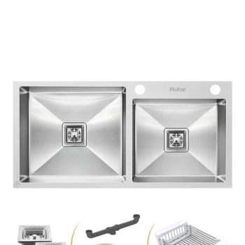 Ruhe Handmade Double Bowl with Tap Hole Kitchen Sink (37 x 18 x 10 Inches) SS 304