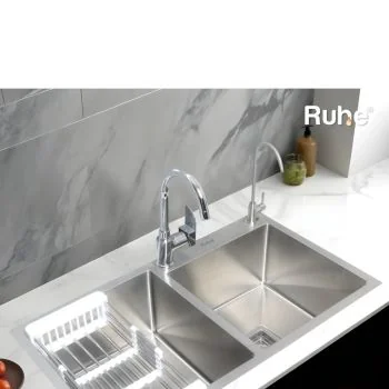 Ruhe Handmade Double Bowl with Tap Hole Kitchen Sink (42 x 20 x 10 Inches) SS 304