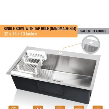 Ruhe Handmade Single Bowl with Tap Hole Kitchen Sink (32 x 18 x 10 Inches) SS 304