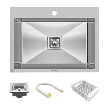 Ruhe Handmade Single Bowl with Tap Hole Kitchen Sink (24 x 18 x 10 Inches) SS 304