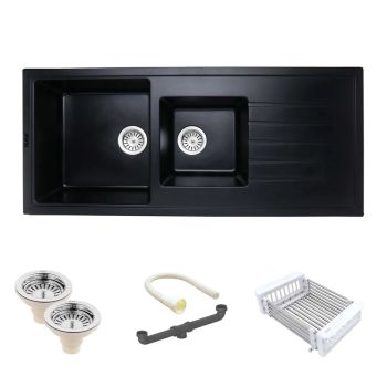 Ruhe Quartz Double Bowl with Drainboard Kitchen Sink (45 x 20 x 9 inches) Matte Black