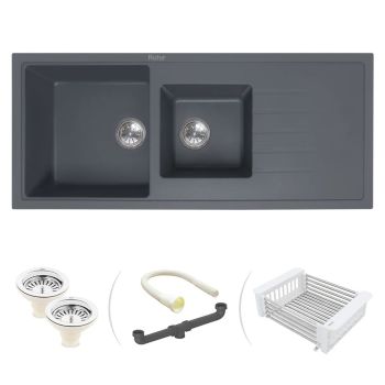 Ruhe Quartz Double Bowl with Drainboard Kitchen Sink (45 x 20 x 9 inches) Smoke Grey