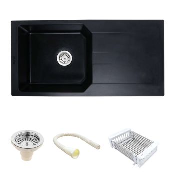 Ruhe Quartz Single Bowl with Drainboard  39"x20"x9" Kitchen Sink Black